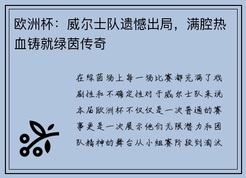 欧洲杯：威尔士队遗憾出局，满腔热血铸就绿茵传奇