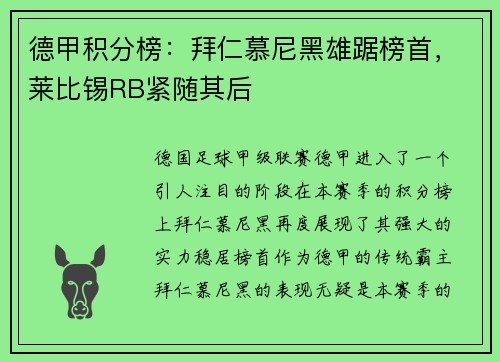 德甲积分榜：拜仁慕尼黑雄踞榜首，莱比锡RB紧随其后